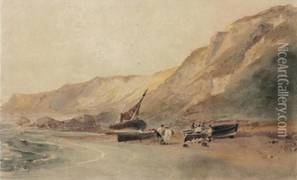 Fishermen Bringing In The Catch, Ventnor, Isle Of Wight Oil Painting - Peter de Wint