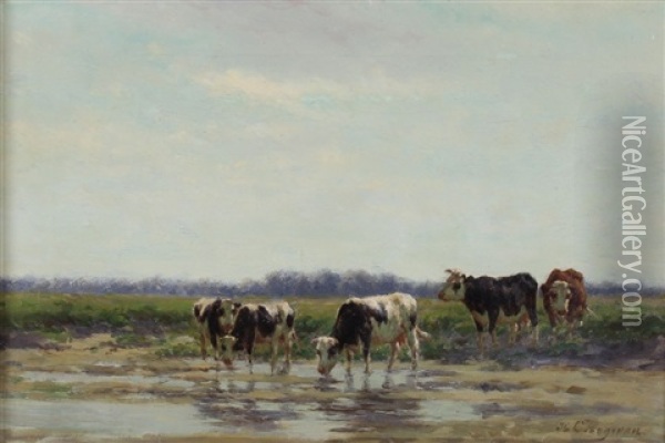 Vijf Koeien Bij De Waterkant Oil Painting - Herman Bogman I