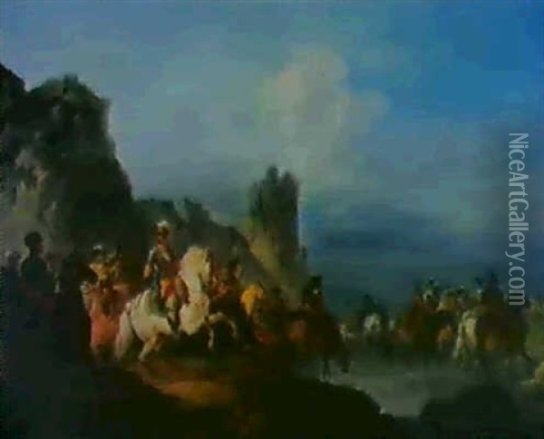 Weite Flusslandschaft Mit Berittenen, Die Einen Fluss Durch-queren. Oil Painting - Francesco Giuseppe Casanova