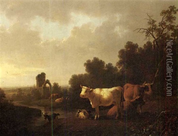 Vieh Bei Bach, Kirchenruine Im Mittelgrund Oil Painting - Joshua Shaw