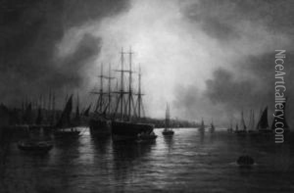 The Fishing Fleet Returning At Dusk Oil Painting - Bernard Benedict Hemy