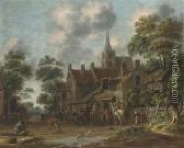 A Town With Horseman And Other Figures Drinking Outside Aninn Oil Painting - Thomas Heeremans