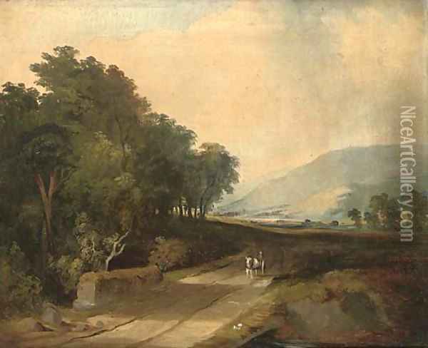 A horse and cart on a track in an extensive river valley Oil Painting - James Arthur O'Connor