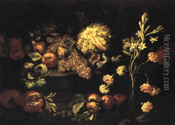 Natura Morta Con Frutta Ed Un Vaso Di Vetro Con Fiori Oil Painting - Abraham Brueghel