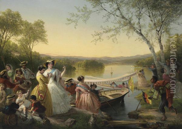 Reminiscences Of Lake Mahopac--ladies Preparing For A Boat Race Oil Painting - Louis Lang