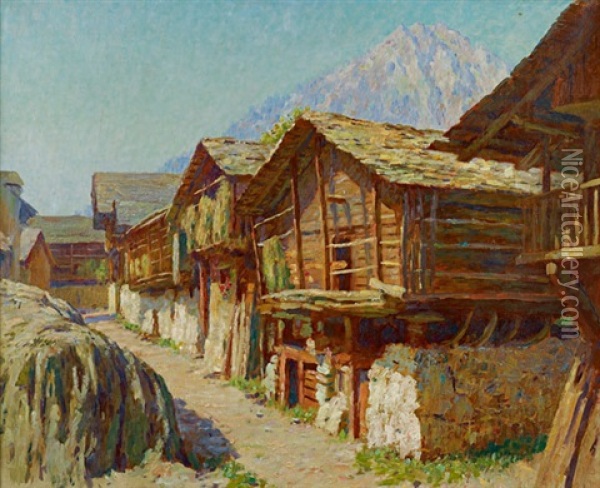 Village En Valais Oil Painting - Albert Charpentier