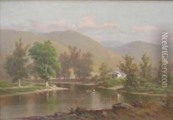 Figures On A Lake Oil Painting - Frederick Debourg Richards