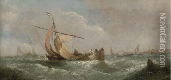 Dutch Barges Drying Their Sails At Dusk; And A Blustery Day Offshore (illustrated) Oil Painting - William Calcott Knell