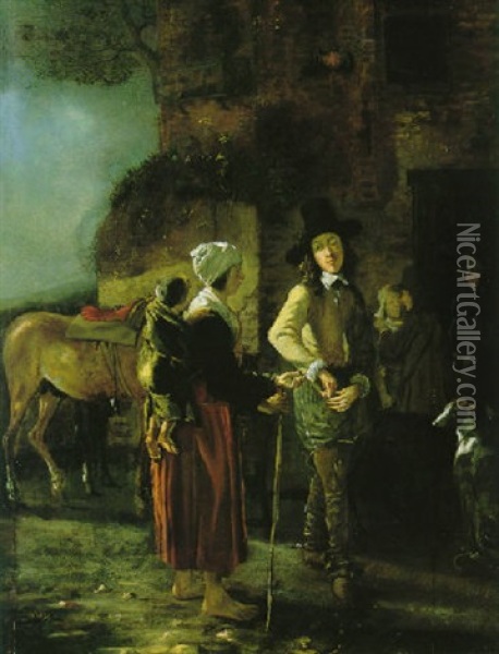 Kavalier Und Bettlerin Vor Einem Gasthof Oil Painting - Ludolf de Jongh