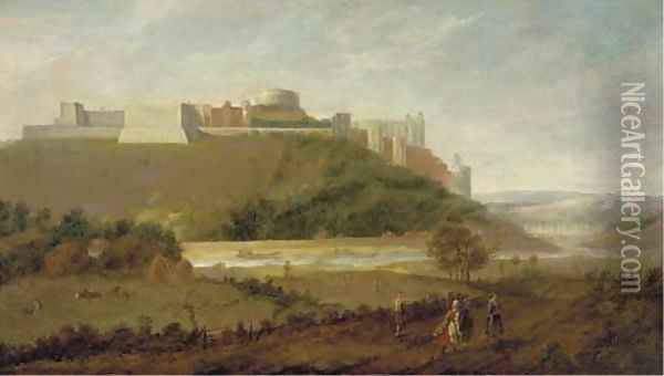 Windsor Castle from the north with the River Thames and labourers in the foreground Oil Painting - Peter Tillemans