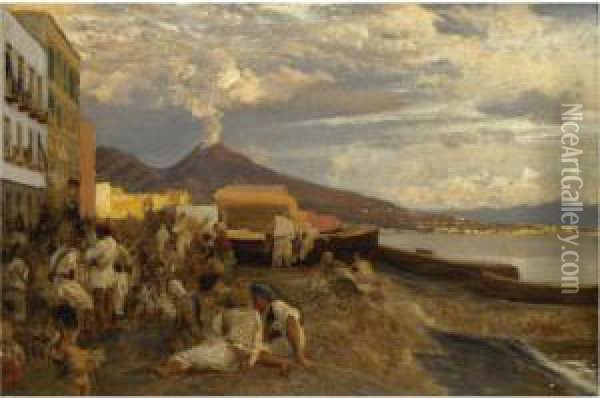 In Der Bucht Von Neapel (the Bay Of Naples, Vesuvius Beyond) Oil Painting - Oswald Achenbach