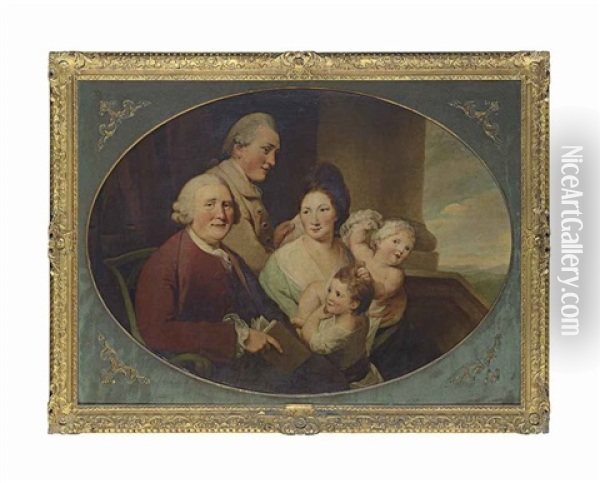 A Group Portrait, Thought To Be Richard Bentley (1708-1782), His Son By His First Wife, His Second Wife And Their Daughters On A Portico Oil Painting - Robert Edge Pine