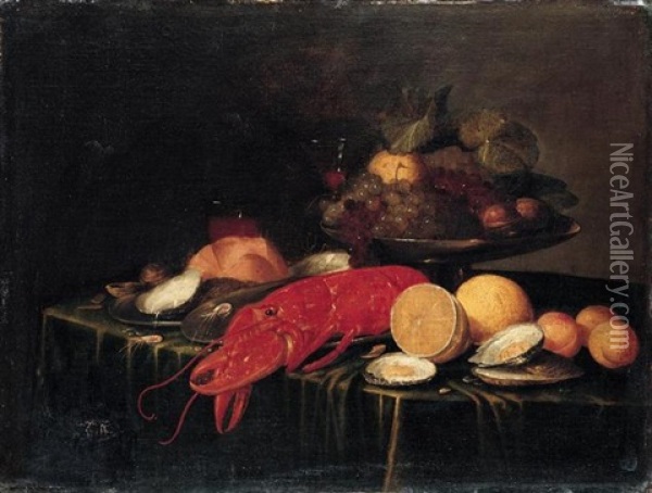 Still Life Of A Tazza Of Fruit, Together With A Lobster, Oysters, Prawns, Lemons And Peaches, Arranged Upon A Table-top Draped With A Green Cloth Oil Painting - Andrea Benedetti