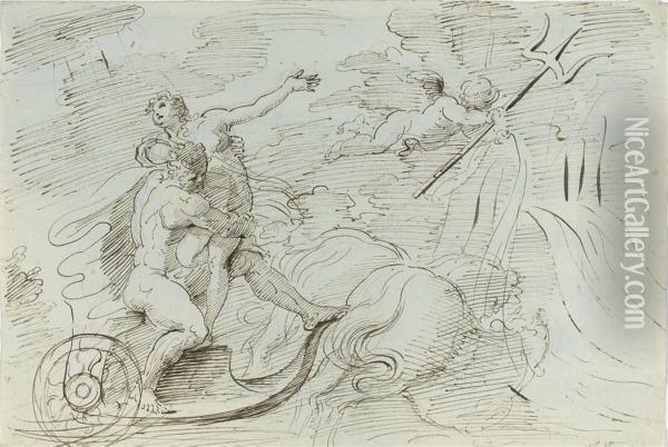 Neptune And Amphitrite (recto); A Nude (verso) Oil Painting - Arcangelo Foschini