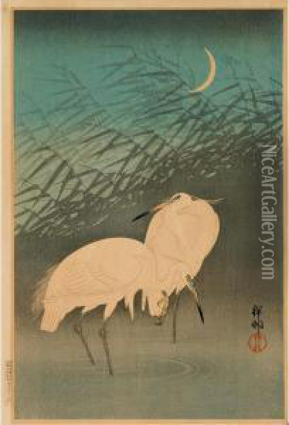 Two Standing Herons In The Moonlight Oil Painting - Ohara Koson