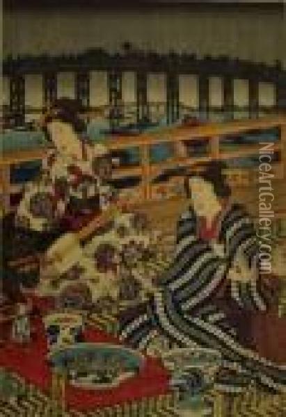 Deux Geishas, Dont L'une Tient Un Samisen Oil Painting - Kunisada