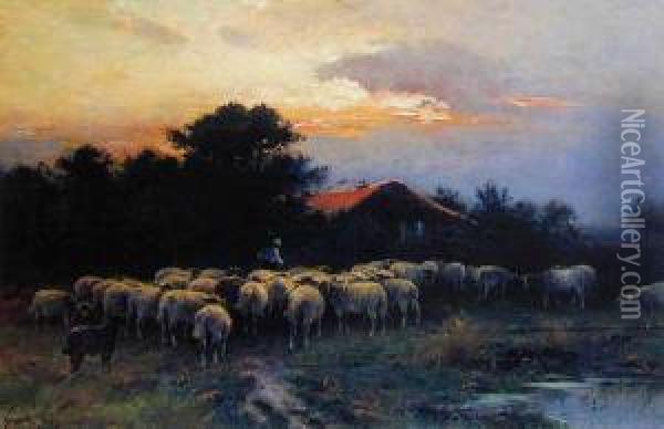 O Zmierzchu - Pasterz Z Owcami, Ok.1900 Oil Painting - Alexandre-Gaston Guignard