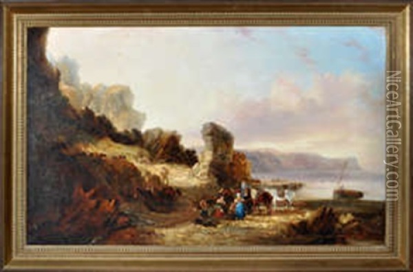 A Coastal Scene With Fisherfolk And Ponies Bringing A Catch Up From The Beach Oil Painting - John Wilson Carmichael