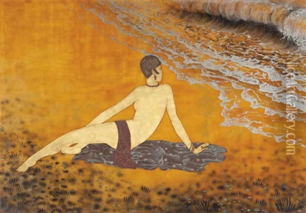 Woman Bathing', A Panel Oil Painting - Jean Dunand