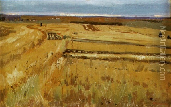 Solnedgang Over Landsbygd Oil Painting - Arkady Rylov
