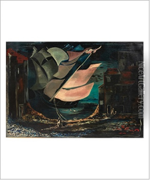 Voilier Dans La Ville, Circa 1935-1940 Oil Painting - Alexandra Exter