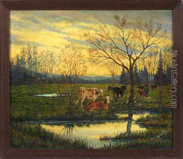 Cows At A Watering Hole Oil Painting - Hans Christian Andersen