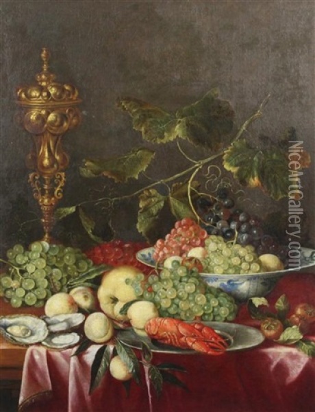 Still Life Of Fruit, A Lobster, Oysters And A Goblet Upon Table Top Oil Painting - Jan Davidsz De Heem