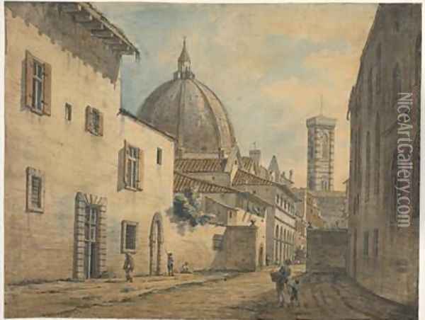 A Street in Florence with the Duomo and Campanile in the Background Oil Painting - William Marlow