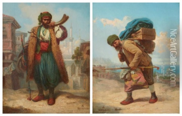Derviche Turc A Constantinople - Turc Portant Ses Ballots (2 Works) Oil Painting - Antoine Magaud