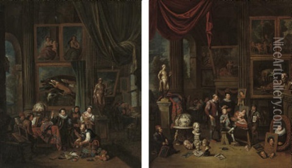 An Artist's Studio (+ A Nobleman's Picture Gallery; Pair) Oil Painting - Balthasar Van Den Bossche