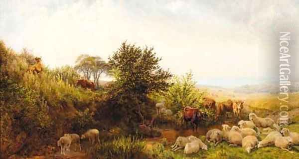 Sheep and cattle in a sunlit coastal landscape Oil Painting - Henry William Banks Davis