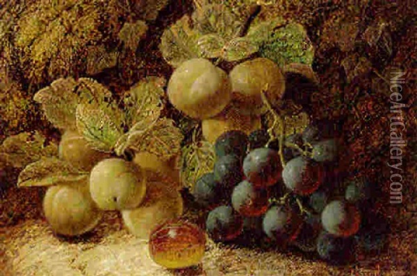 Grapes, Greengages And A Gooseberry On A Mossy Bank Oil Painting - Oliver Clare