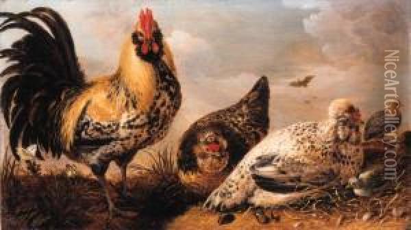 A Hen And Chicks In A Landscape Oil Painting - Gijsbert Gillisz. de Hondecoeter