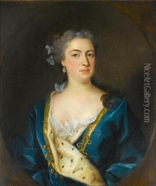 Portrait Of A Lady, Half-length,
 In A Blue Ermine-lined Robe And A Blue Ribbon In Her Hair, In A Painted
 Oval Oil Painting - Jean Baptiste van Loo