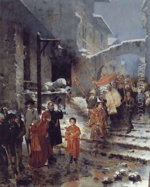 A Religious Procession in Winter Oil Painting - Cavaliere Giocomo di Chirico