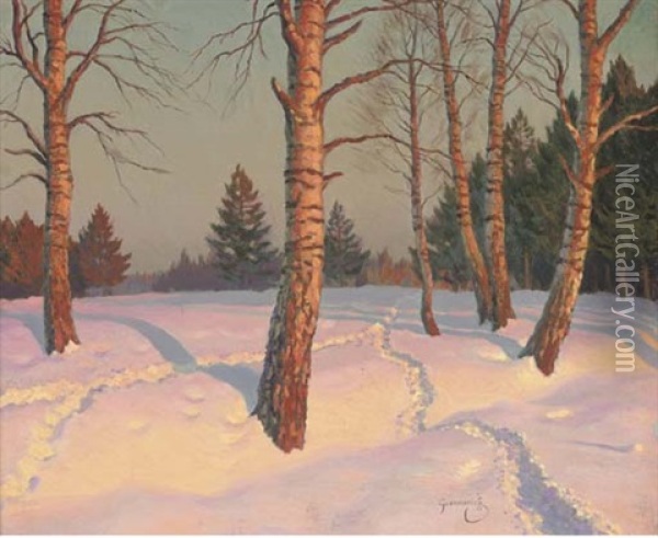Tracks In The Snow Oil Painting - Mikhail Markianovich Germanshev