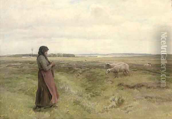 A shepherdess knitting Oil Painting - Knud Larsen