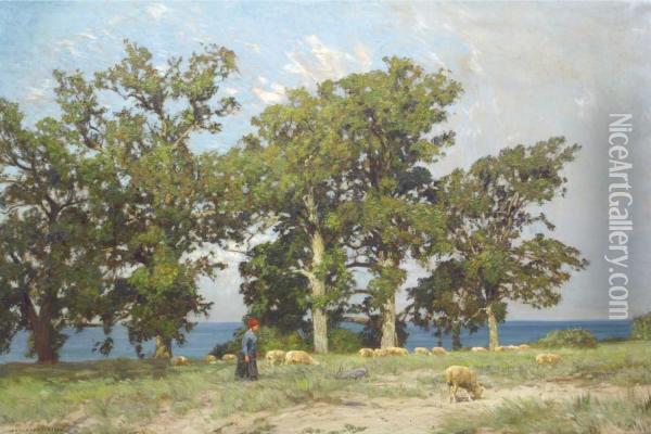 Sommerlandschaft Mit Schafen Und Schaferin An Der Ostseekuste Oil Painting - Carl Friedrich Kappstein