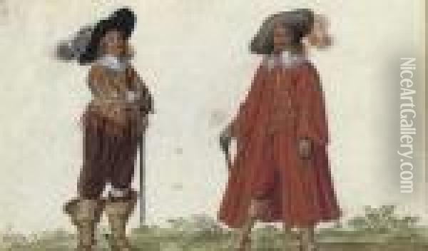 Two Elegantly Dressed Gentlemen Wearing Plumed Hats Oil Painting - Adriaen Pietersz. Van De Venne