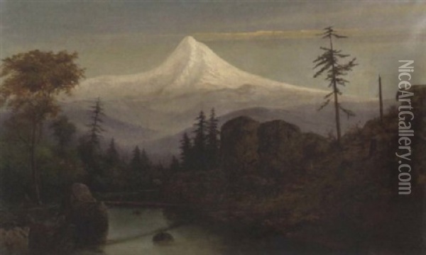 A River Landscape With Mount Hood In The Distance Oil Painting - Harry Cassie Best