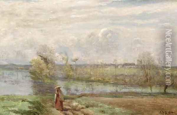 Jeune fille lisant au bord de l'eau Oil Painting - Jean-Baptiste-Camille Corot