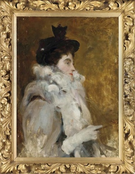 Portrait Of Emilia Frances, Lady Dilke, Half-length, In A Grey Dress With Fur Trim Oil Painting - John da Costa