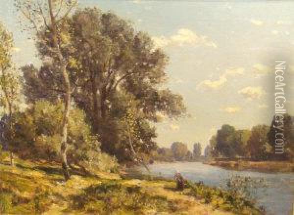 River Landscape With Figures Oil Painting - Herbert Hughes Stanton