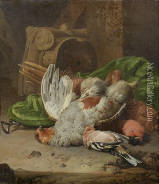 A Still Life Of A Partridge, Hoopoe And Bullfinch Beside A Green Velvet Game Bag And A Stone Capital Oil Painting - William Gowe Ferguson