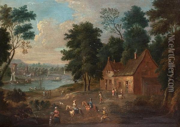 Riders Outside A Country Cottage, A River Landscape Beyond; And Elegant Figures On The Shore Of A Lake, A Mountain Landscape Beyond Oil Painting - The Brunswick Monogrammist
