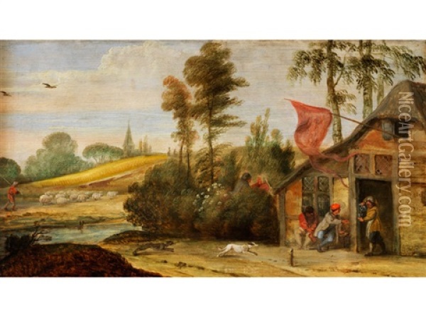 Baumlandschaft Mit Einer Anhohe Und Einer Wirtshauskate Mit Figurenstaffage Oil Painting - Jan-Peter van Bredael the Younger