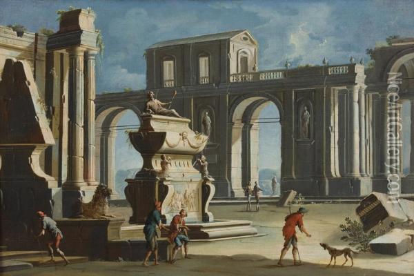 Architettura, Fontana Con Sculture Classiche E Astanti Vari Oil Painting - Gennaro Greco, Il Mascacotta
