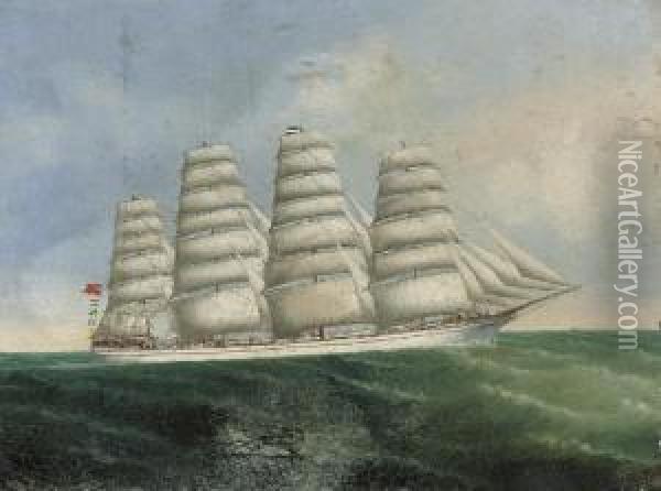 A British Four-masted Barque Under Full Sail Oil Painting - Lai Fong