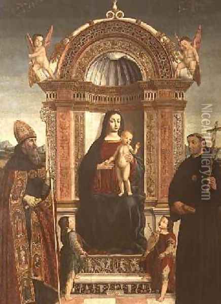 Madonna and Child with St Nicholas of Tolentino and St Augustine Oil Painting - Bernardino Loschi