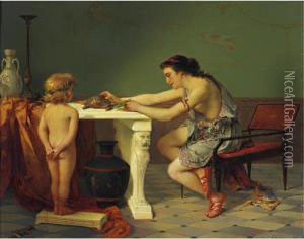 Feeding The Turtle Oil Painting - Pierre Oliver Joseph Coomans